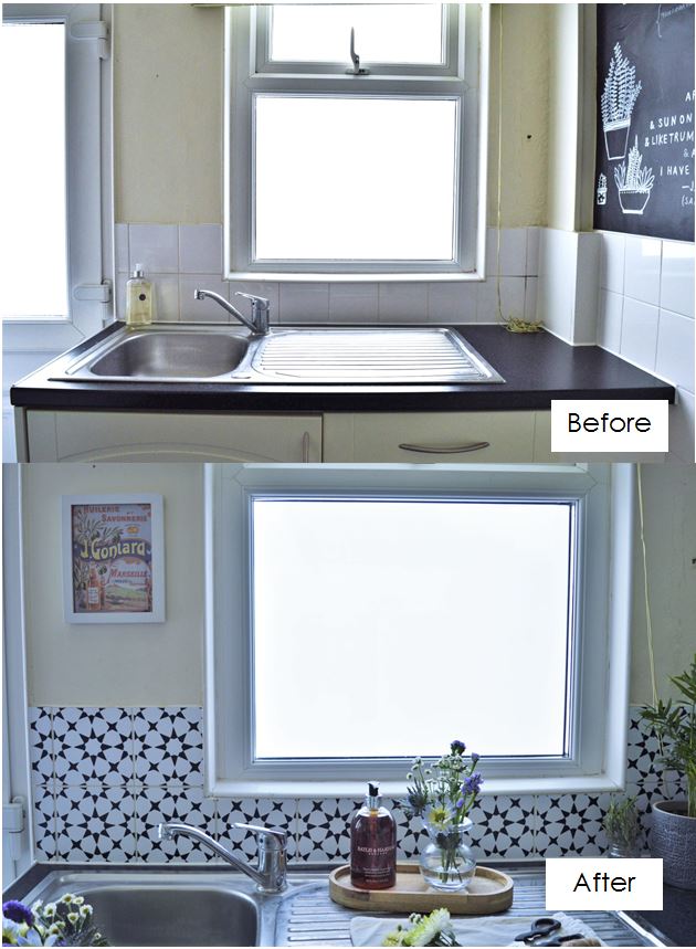 Tiny Kitchen Gets a Renter-Friendly Makeover Backsplash Before and After