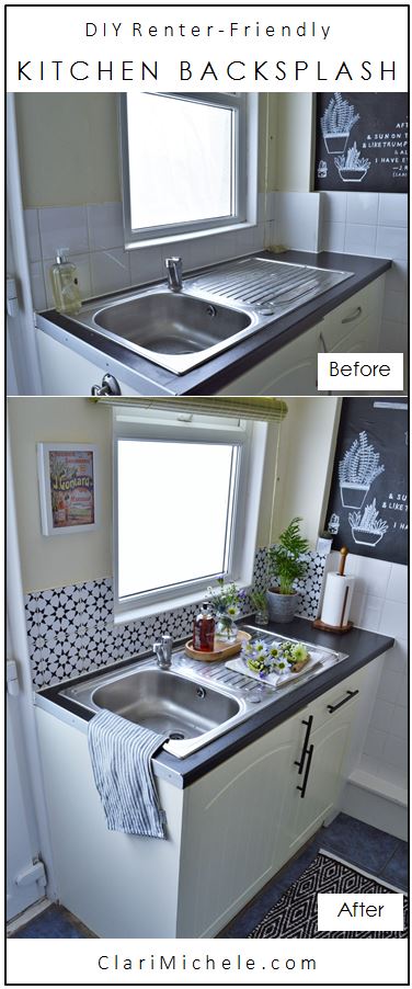 Tiny Kitchen Renter-Friendly Makeover Removable Tile Backsplash