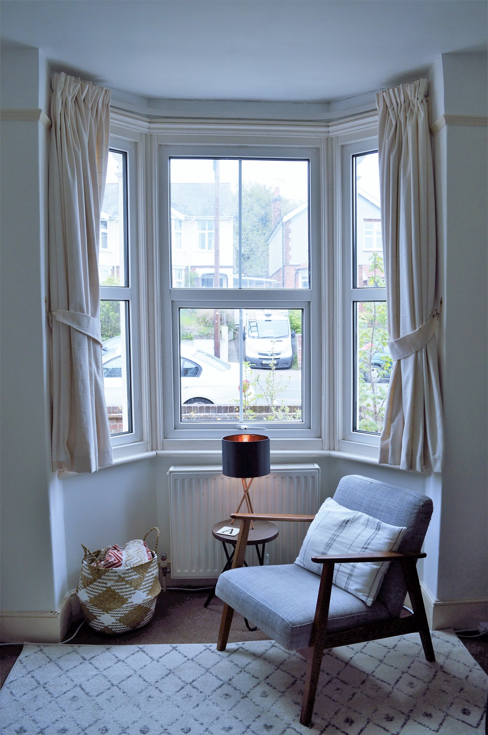 living room with bay window